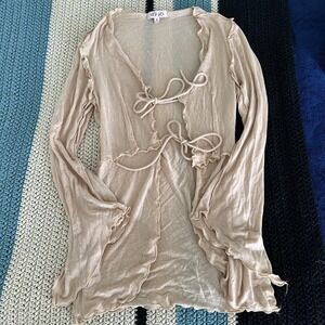VRG‎ GRL Sheer Tie Front Ruffle Trim Long Sleeve Cardigan Top